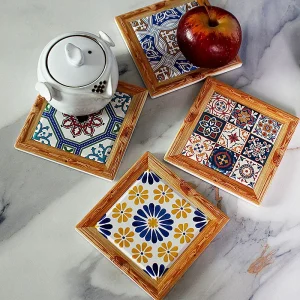 Vintage Tile Pattern Ceramic Coaster with Wooden Border